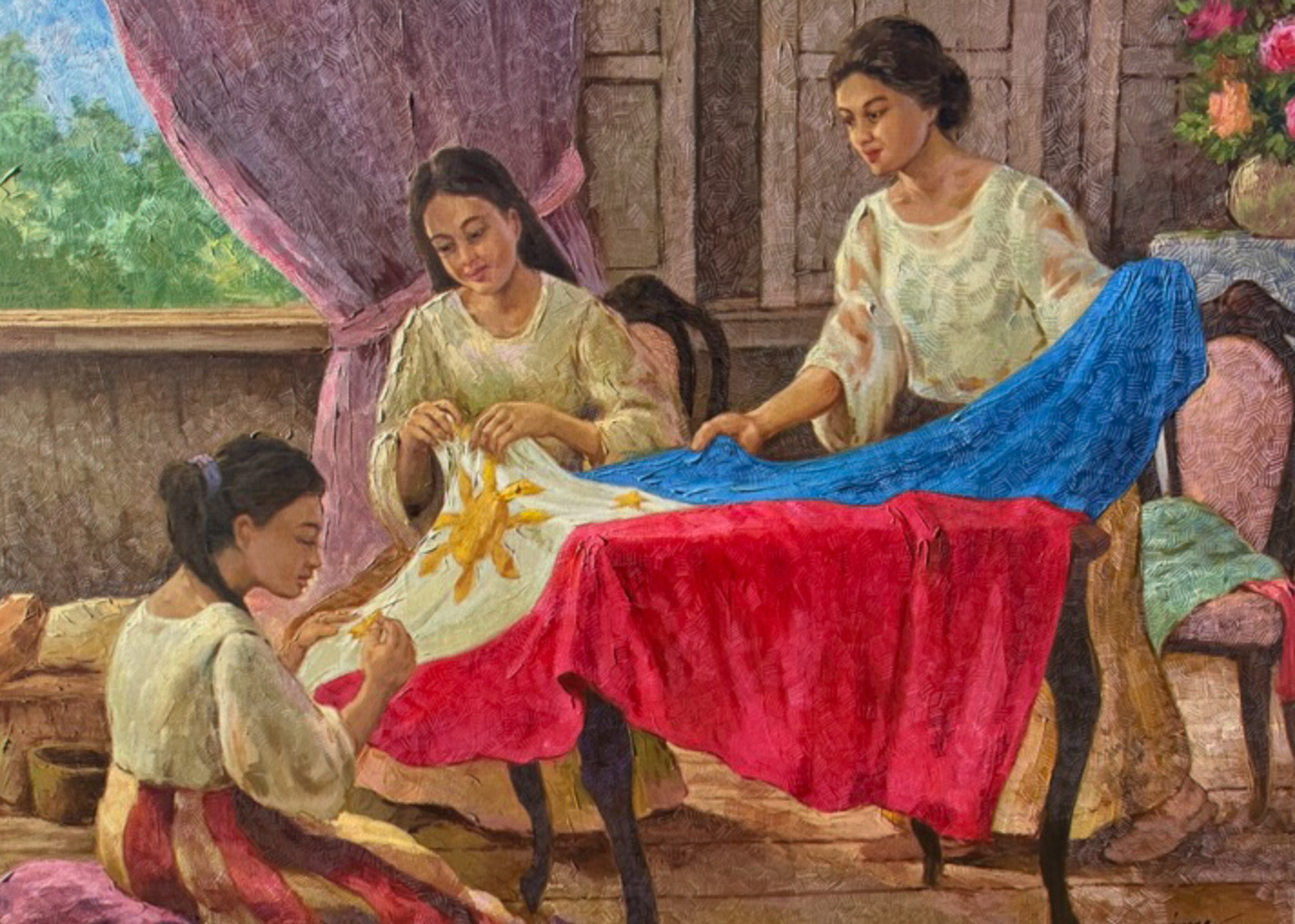 Painting of women sewing the Philippine flag